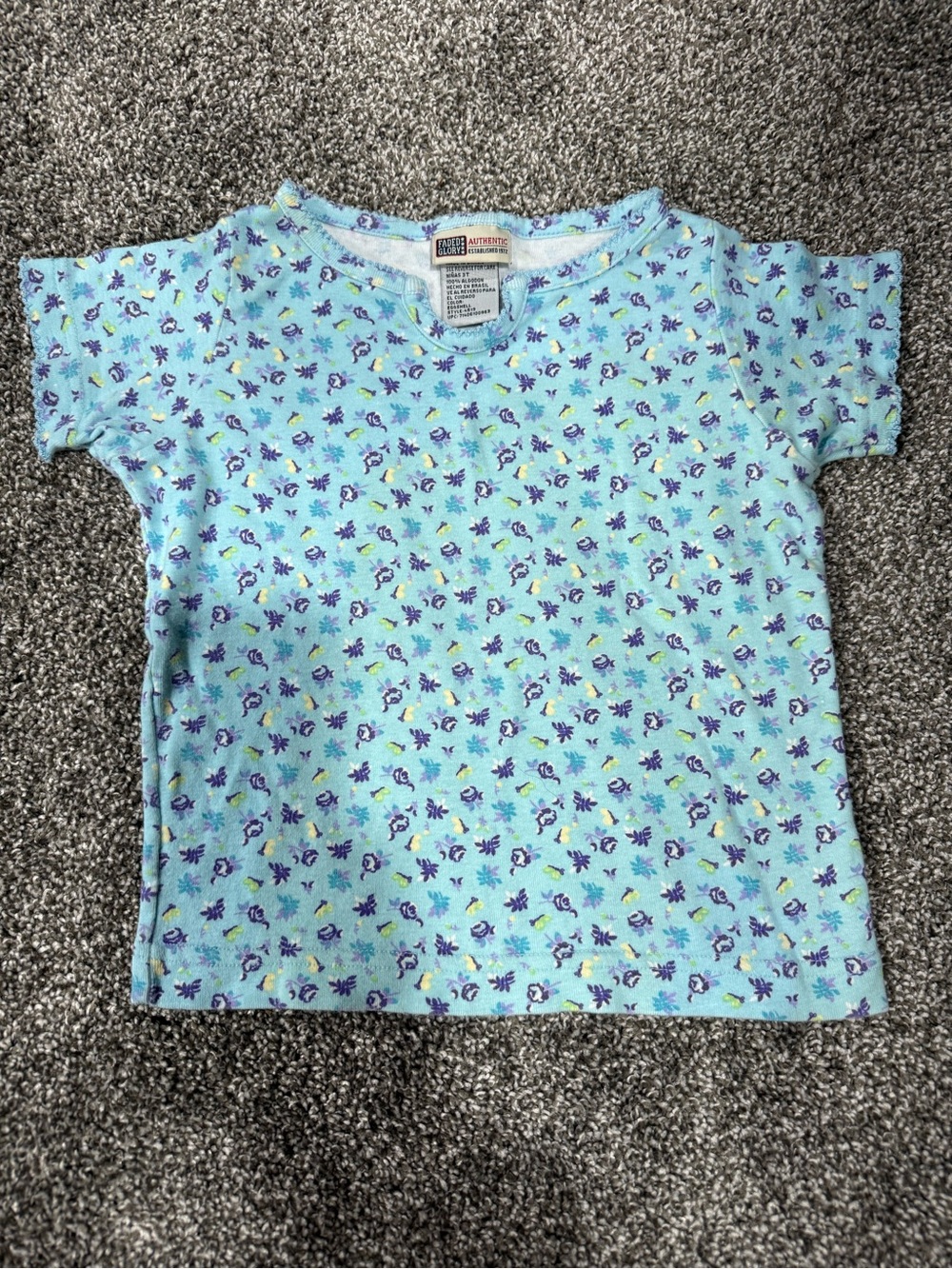 Vintage Faded Glory Aqua Floral Short Sleeve Tee with Purple Accents